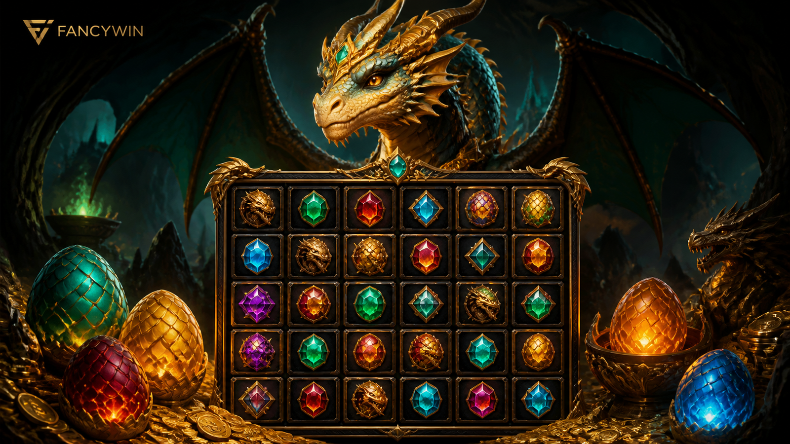 Dragon Hatch Demo গেমের ৫×৫ গ্রিড, ড্রাগন ডিম ও প্রতীকের দৃশ্য